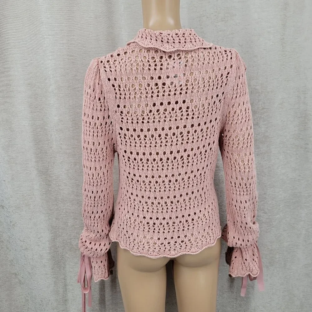 Free People Pointelle Pullover Mauve Rose Pink Crochet Button Up Women's Top NEW
